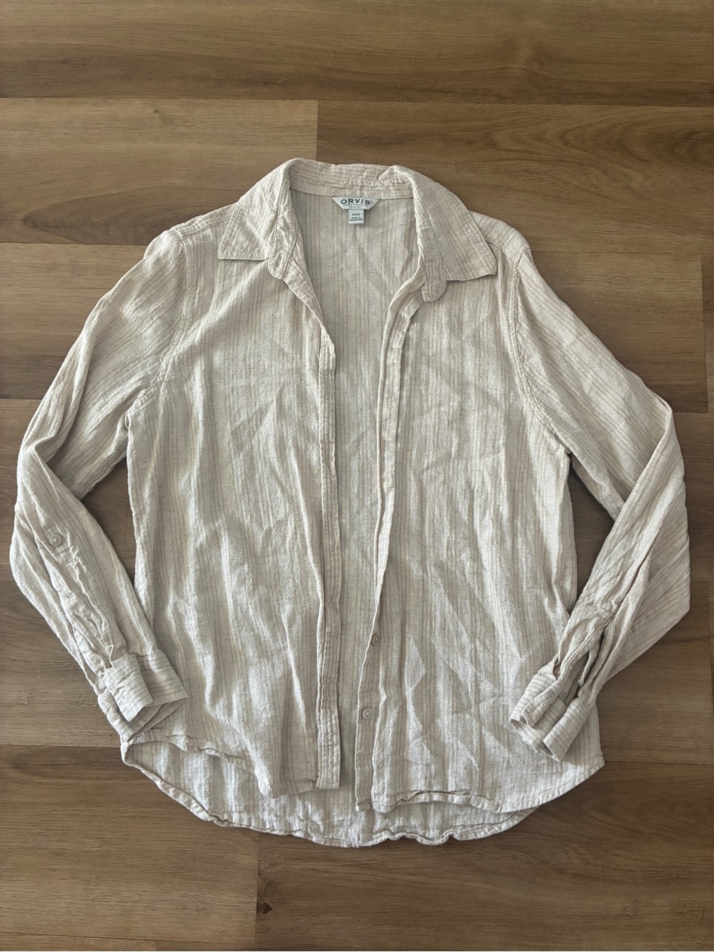 Orvis Linen Blend Button Up Shirt Women’s Small Beige Long Sleeve Collared Top